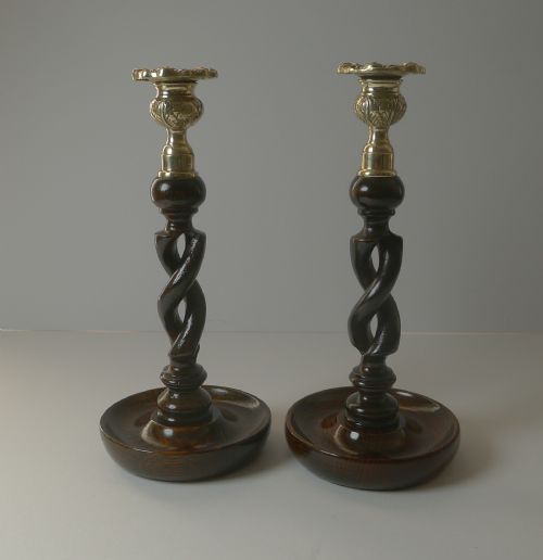 Pair 10 1/4" Antique English Oak Barley Twist Candlesticks - Brass Thistle Tops