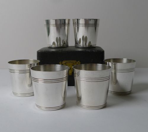 Set Six Cased Silver Plated Shot / Travel Liquor Glasses C.1920