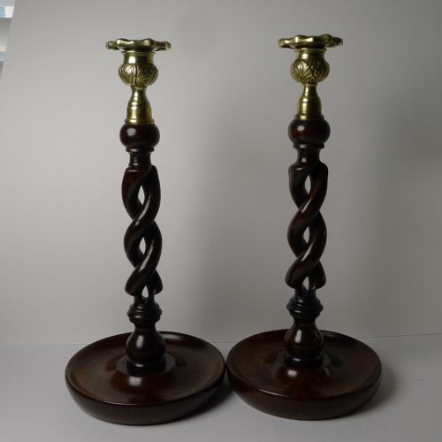 Pair 12" Antique English Oak Barley Twist Candlesticks - Brass Thistle Tops