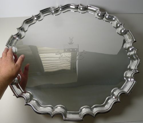 RARE ENORMOUS SILVER PLATED SALVER TRAY C1900 LISTER FAMILY CREST - ADDITIONAL PHOTO 1