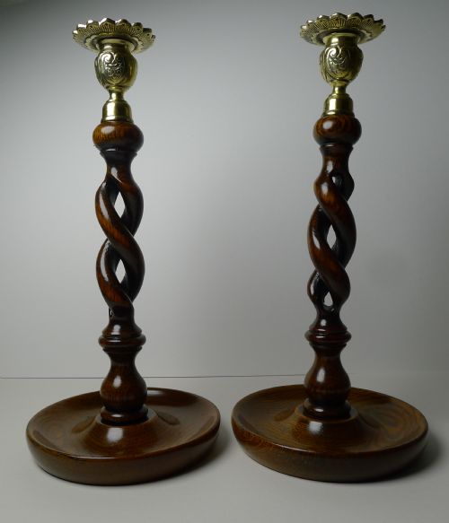 Pair 12" Antique English Oak Barley Twist Candlesticks - Brass Tops