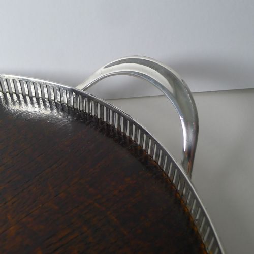 LARGE ANTIQUE ENGLISH OAK AND STERLING SILVER DRINKS TRAY 1902 - ADDITIONAL PHOTO 4