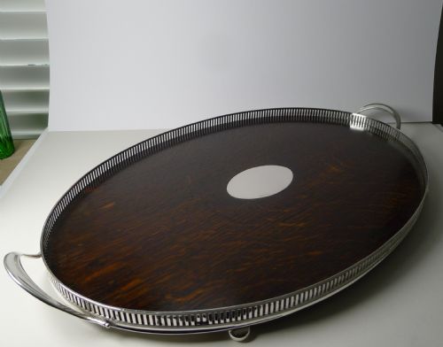 LARGE ANTIQUE ENGLISH OAK AND STERLING SILVER DRINKS TRAY 1902 - ADDITIONAL PHOTO 6