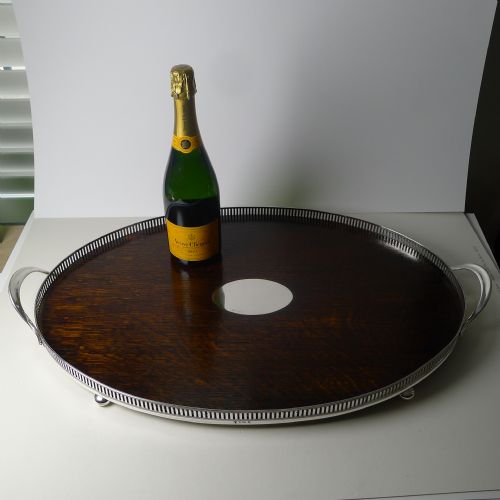 LARGE ANTIQUE ENGLISH OAK AND STERLING SILVER DRINKS TRAY 1902 - ADDITIONAL PHOTO 7