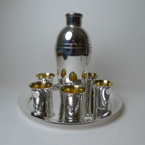 French Silver Plated Cocktail Shaker Set with Tray and Cups C.1940