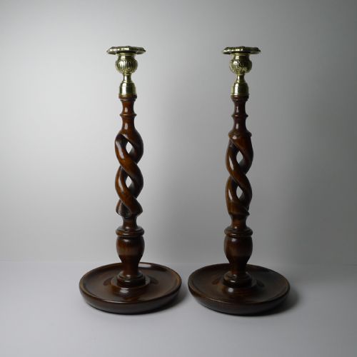 Handsome Tall (14 3/4") Open Oak Barley Twist Candlesticks C.1910
