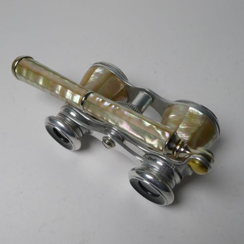 Stunning Antique French Aluminum & Mother of Pearl Opera Glasses - Lorgnette Handle