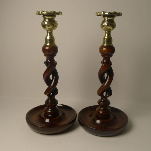 Pair 10" Antique English Oak Barley Twist Candlesticks - Brass Thistle Tops