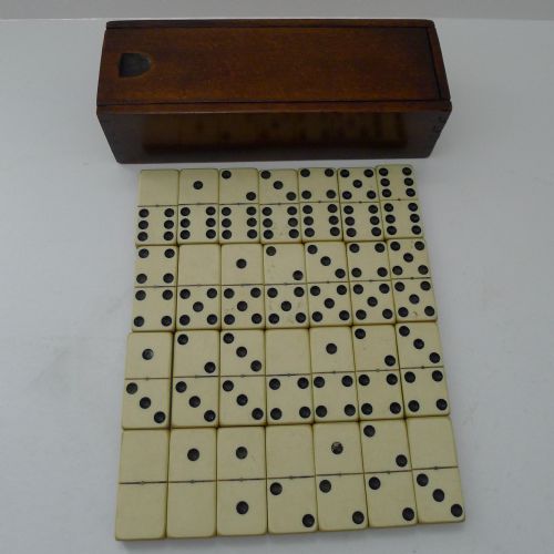 Antique English Boxed Bone & Ebony Wood Dominoes