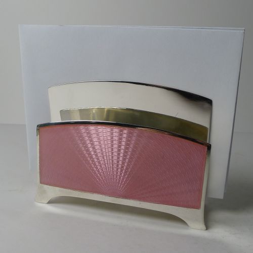 STUNNING ART DECO AMERICAN STERLING SILVER PINK GUILLOCHE ENAMEL LETTER RACK - ADDITIONAL PHOTO 1