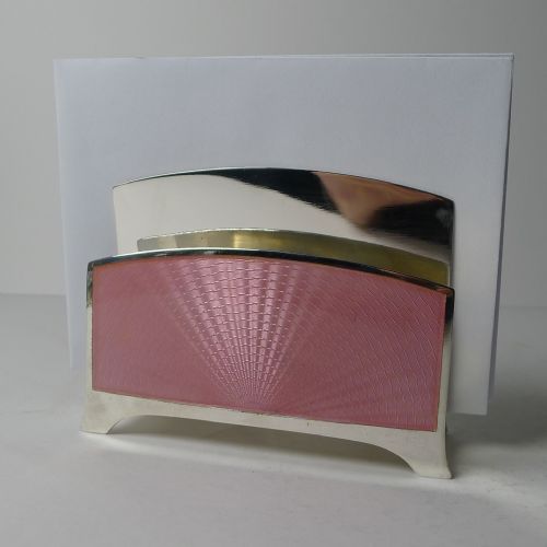 STUNNING ART DECO AMERICAN STERLING SILVER PINK GUILLOCHE ENAMEL LETTER RACK - ADDITIONAL PHOTO 2