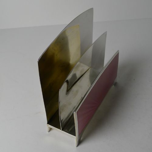 STUNNING ART DECO AMERICAN STERLING SILVER PINK GUILLOCHE ENAMEL LETTER RACK - ADDITIONAL PHOTO 4