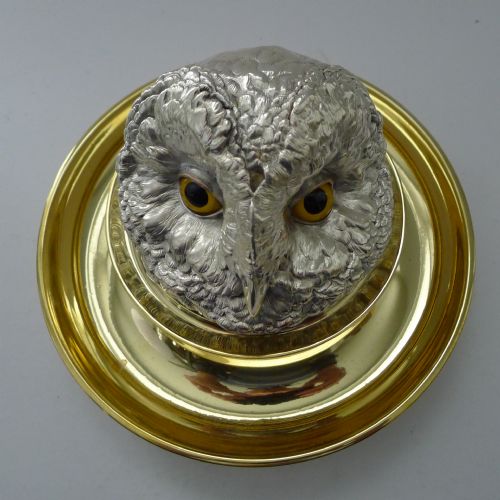 RARE MAMMOTH ENGLISH VICTORIAN NOVELTY INKWELL OWL WITH GLASS EYES C1880 - ADDITIONAL PHOTO 7