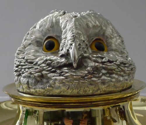 RARE MAMMOTH ENGLISH VICTORIAN NOVELTY INKWELL OWL WITH GLASS EYES C1880 - ADDITIONAL PHOTO 9