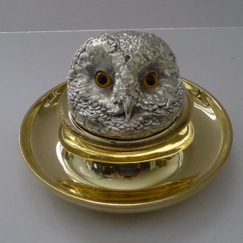 RARE MAMMOTH ENGLISH VICTORIAN NOVELTY INKWELL OWL WITH GLASS EYES C1880 - ADDITIONAL PHOTO 10