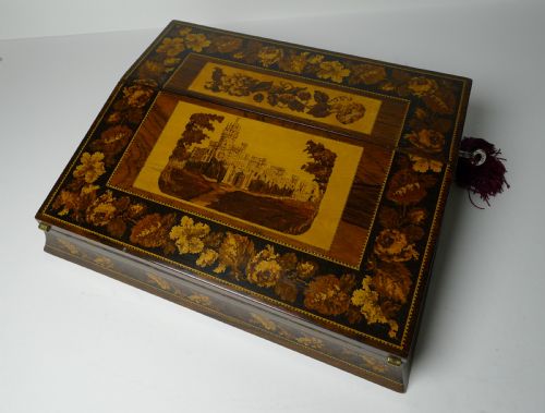 fig 1. Fine Tunbridge Ware Writing Box / Lap Desk - Eridge Castle c.1870