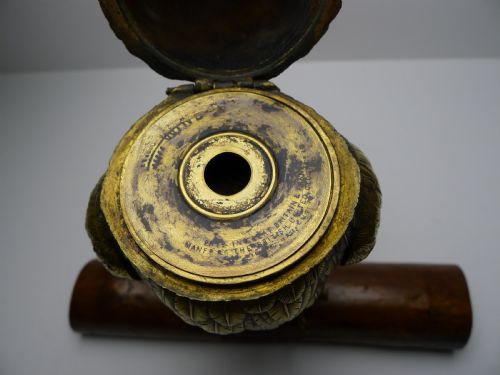 LARGE ANTIQUE ENGLISH BRASS OWL INKWELL C1890 - ADDITIONAL PHOTO 4