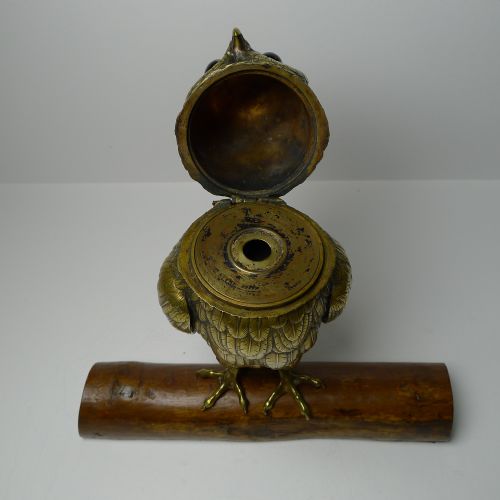 LARGE ANTIQUE ENGLISH BRASS OWL INKWELL C1890 - ADDITIONAL PHOTO 6
