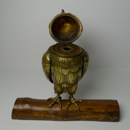 LARGE ANTIQUE ENGLISH BRASS OWL INKWELL C1890 - ADDITIONAL PHOTO 7
