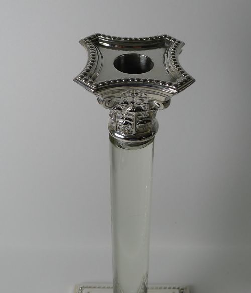 RARE SET FOUR SILVER PLATE GLASS COLUMN CANDLESTICKS C1860 - ADDITIONAL PHOTO 2
