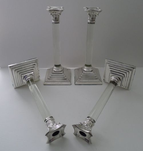 RARE SET FOUR SILVER PLATE GLASS COLUMN CANDLESTICKS C1860 - ADDITIONAL PHOTO 6