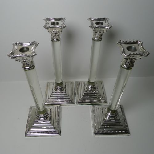 RARE SET FOUR SILVER PLATE GLASS COLUMN CANDLESTICKS C1860 - ADDITIONAL PHOTO 7