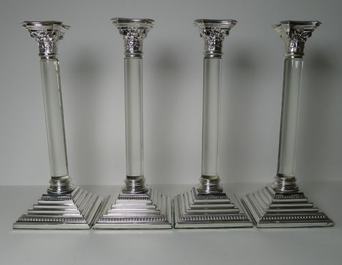 RARE SET FOUR SILVER PLATE GLASS COLUMN CANDLESTICKS C1860 - ADDITIONAL PHOTO 8