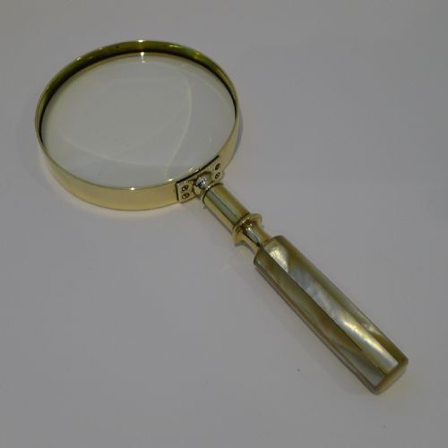 Large Antique English Brass and Mother of Pearl Magnifying Glass C.1890

