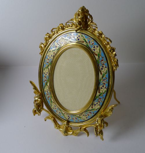 FINE ANTIQUE FRENCH GILDED BRONZE AND CHAMPLEVE ENAMEL PHOTOGRAPH FRAME C1890 CHERUBS - ADDITIONAL PHOTO 1