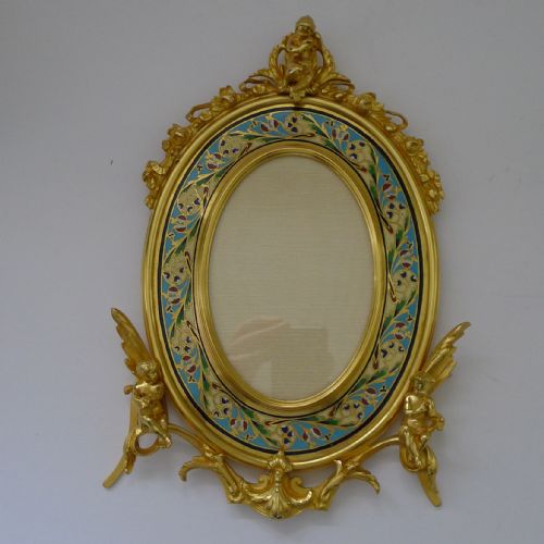 FINE ANTIQUE FRENCH GILDED BRONZE AND CHAMPLEVE ENAMEL PHOTOGRAPH FRAME C1890 CHERUBS - ADDITIONAL PHOTO 7
