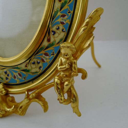 FINE ANTIQUE FRENCH GILDED BRONZE AND CHAMPLEVE ENAMEL PHOTOGRAPH FRAME C1890 CHERUBS - ADDITIONAL PHOTO 8