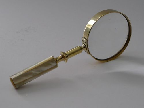 Fine Quality Antique English Brass and Mother of Pearl Magnifying Glass C.1890