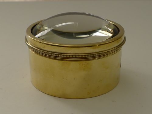 English Antique Brass Desk Magnifying Glass / Paperweight C.1910