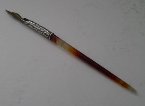Antique English Banded Agate & Silver Dip Pen - 1894