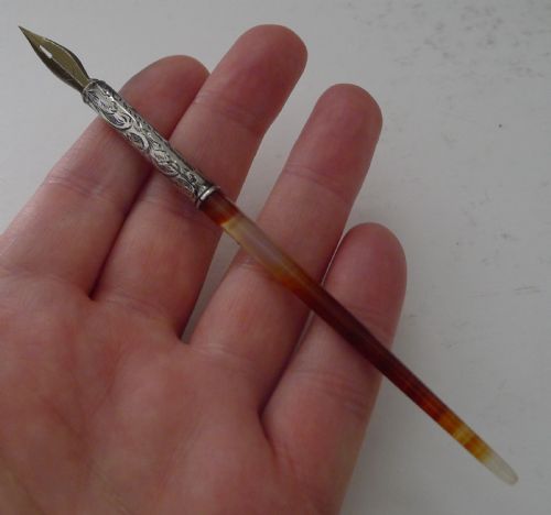 fig 1. Antique English Banded Agate & Silver Dip Pen - 1894