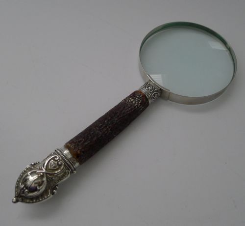 Antique English Antler Horn & Sterling Silver Handled Magnifying Glass