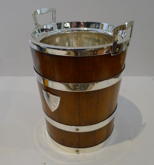 Grand Antique English Oak & Silver Plate Champagne Bucket / Wine Cooler