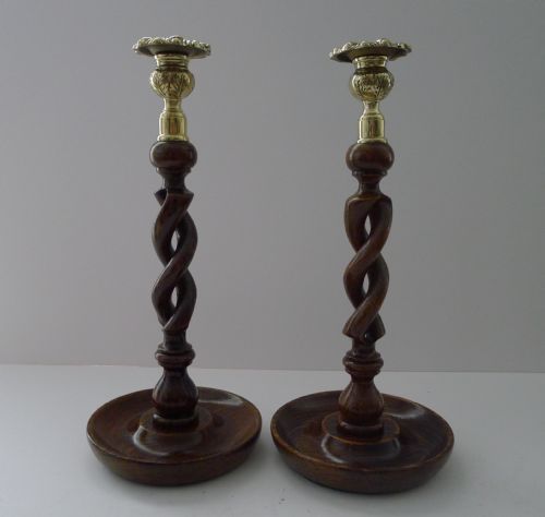 Pair Antique English Oak Barley Twist Candlesticks - Brass Tops