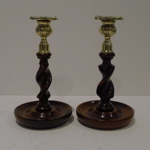 Pair 8" Antique English Oak Barley Twist Candlesticks - Brass Thistle Tops