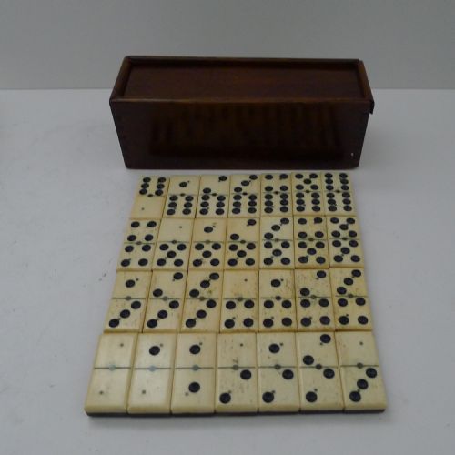 Antique English Boxed Bone & Ebony Wood Dominoes