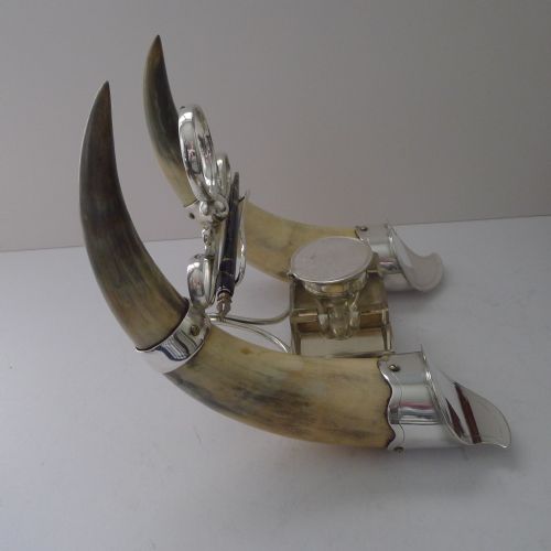 HANDSOME ANTIQUE HORN AND SILVER PLATE INKWELL DATED 1897 - ADDITIONAL PHOTO 1
