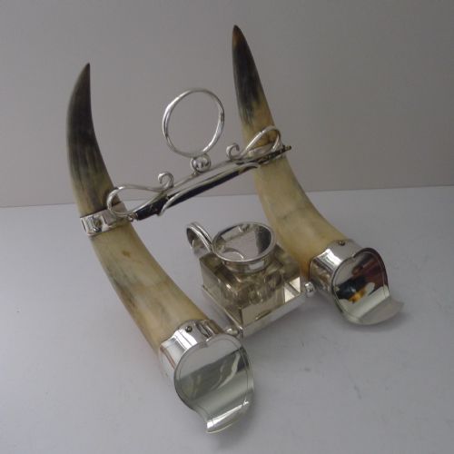 HANDSOME ANTIQUE HORN AND SILVER PLATE INKWELL DATED 1897 - ADDITIONAL PHOTO 2