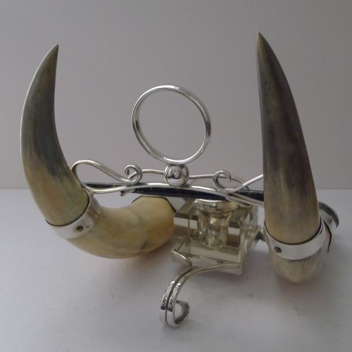 HANDSOME ANTIQUE HORN AND SILVER PLATE INKWELL DATED 1897 - ADDITIONAL PHOTO 3