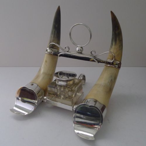 HANDSOME ANTIQUE HORN AND SILVER PLATE INKWELL DATED 1897 - ADDITIONAL PHOTO 5