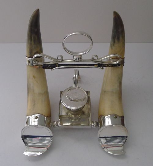 HANDSOME ANTIQUE HORN AND SILVER PLATE INKWELL DATED 1897 - ADDITIONAL PHOTO 7