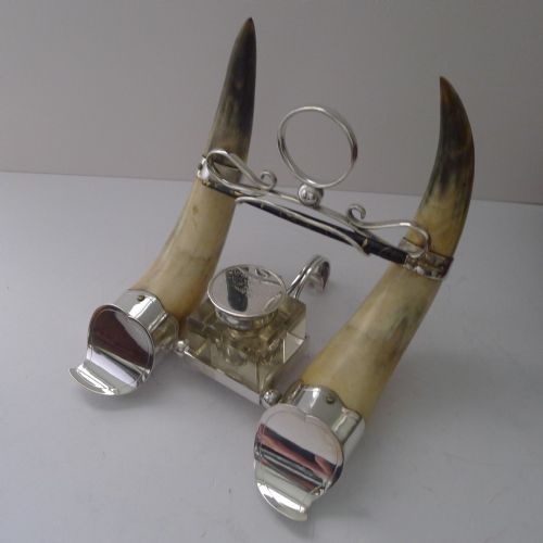HANDSOME ANTIQUE HORN AND SILVER PLATE INKWELL DATED 1897 - ADDITIONAL PHOTO 13