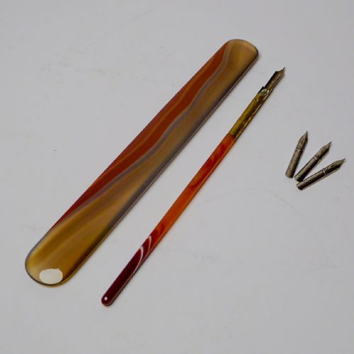 Antique English Banded Agate Paper Knife / Dip Pen Set C.1890