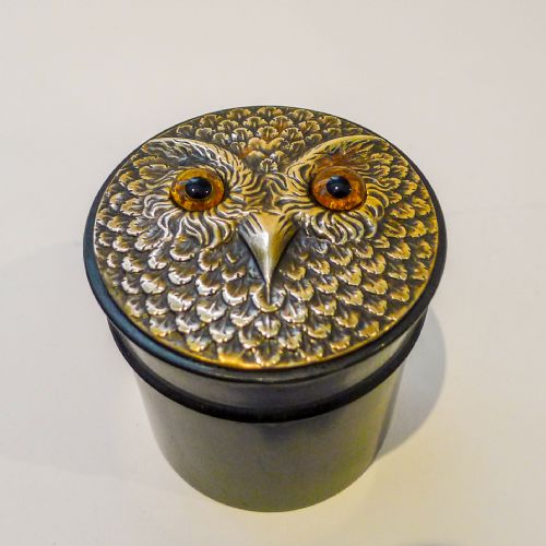 Antique English Ebony and Brass Owl Powder Box C.1900