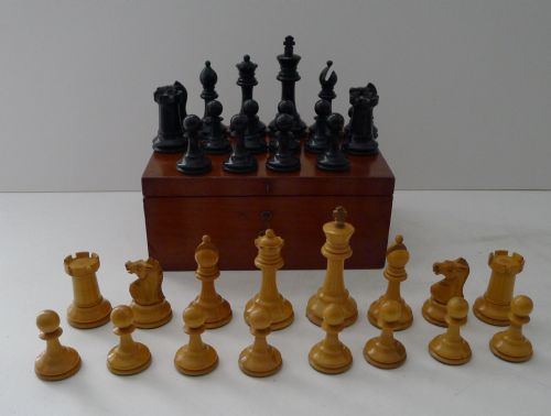 Antique English Staunton Chess Set with Red Crown Marks C.1900