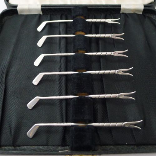 Set Six Novelty Solid / Sterling Silver Golf Club Cocktail Sticks